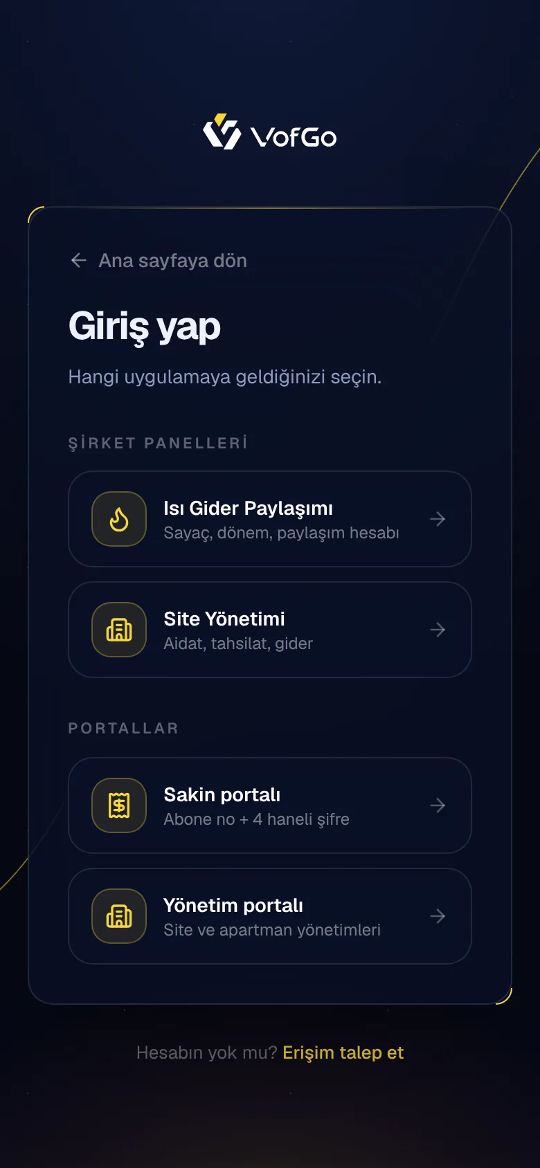 VofGo giriş ekranı: şirket panelleri ve portallar